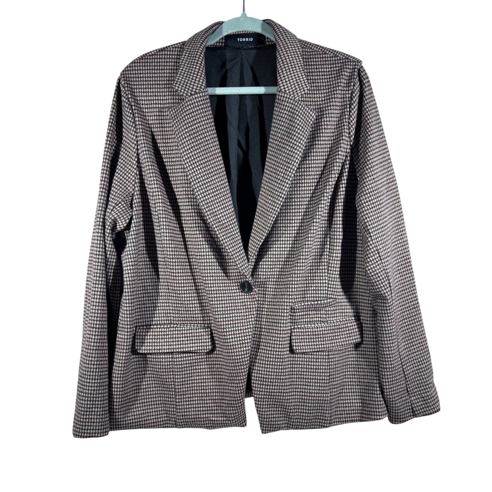 Torrid Womens Plus Size 2 Burgundy Black Houndstooth Single Button Blazer Jacket